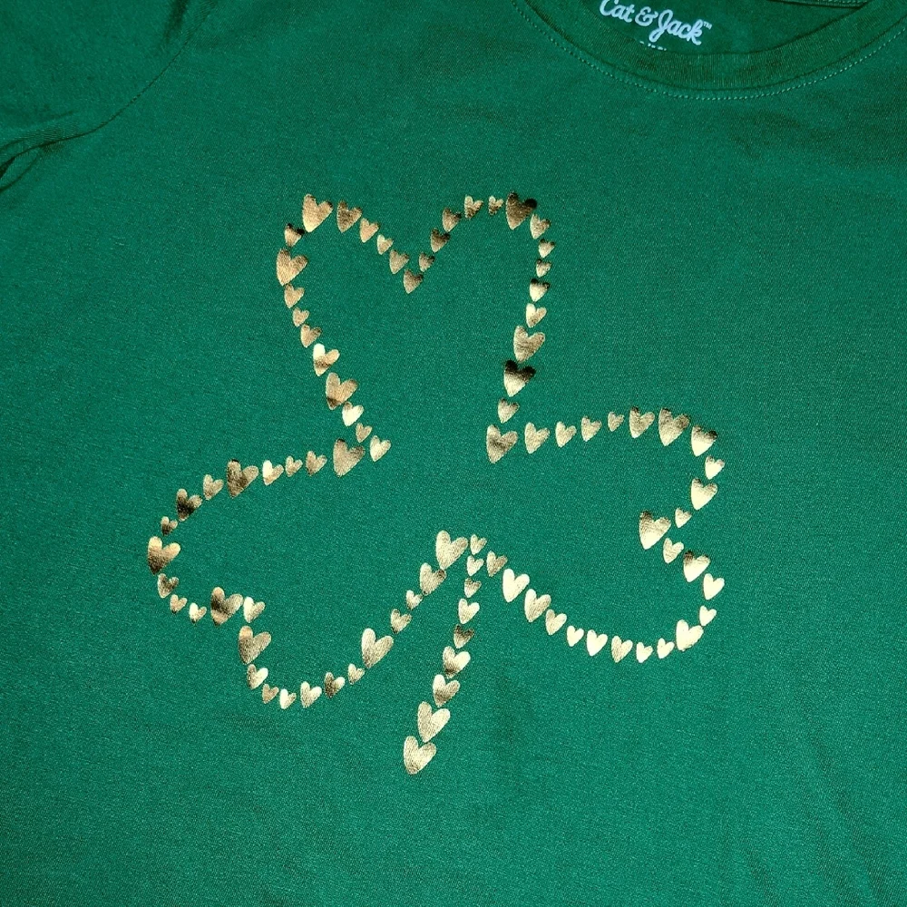 Cat & Jack Girls L 10/12 Green Gold Foil Shamrock St. Patrick’s Day T-Shirt